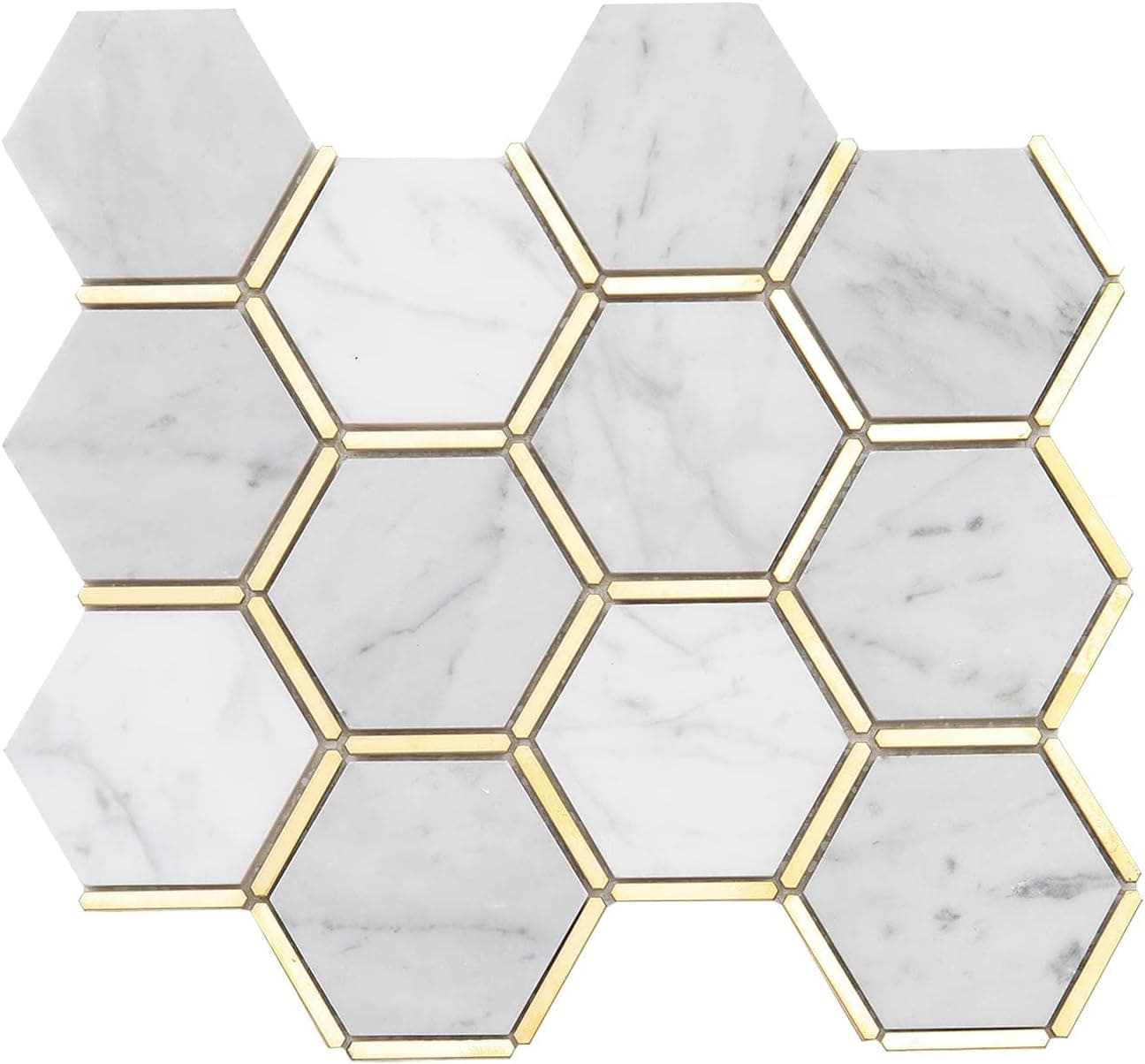 Lovdeco 3" Carrara Marble Stone Mosaic Tile 5 Sheets Shower Tiles, White Hexagon with Gold Metal Strips Marble for Bathroom and Kitchen