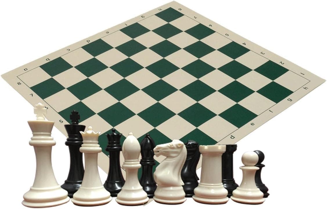 Quadruple Heavy Weight Chess Set for Schools, Clubs and Tournaments - 34 Ivory/Black Pieces (2 Extra Queens), 4" Tall King, Green 20" x 20" Vinyl Roll-Up Board and Instructions on How to Play Chess