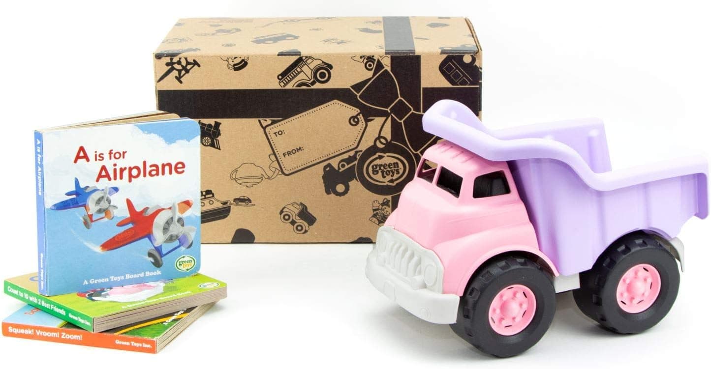 Green Toys Dump Truck, Pink & Board Book Set, 3-Pack - Pretend Play, Motor Skills, Reading, Kids Toy Vehicle. No BPA, phthalates, PVC. Dishwasher Safe, Recycled Plastic, Made in USA.