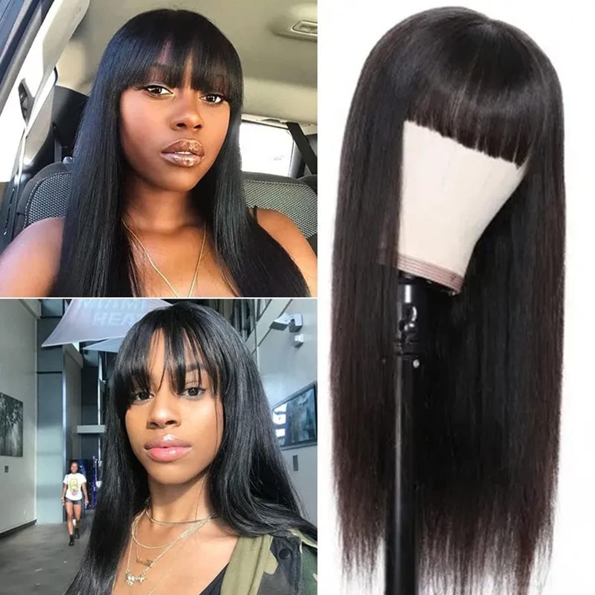 LSYBEAUTY Straight Human Hair Wigs with Bangs None Lace Front Wigs 130% Density Brazilian Virgin Hair Glueless Machine Made Wigs for Black Women Natural Color (16 Inch)
