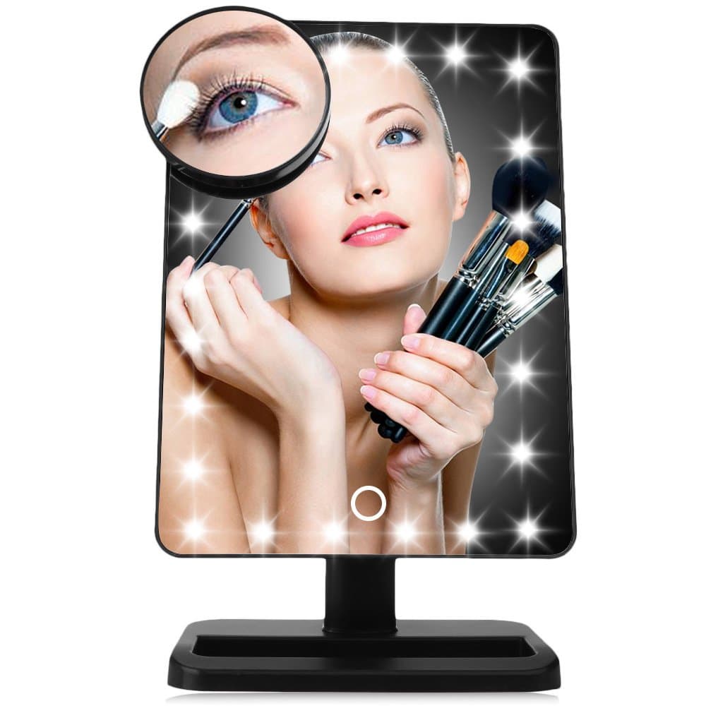LED Makeup Mirror with Removable 10x Magnifying Mirror - 20 LED Touch Screen Dimming Vanity Mirror Cosmetic Mirror with Bidirectional Rotation - Beauty Mirror for Tabletop, Dressing, Shaving, Black