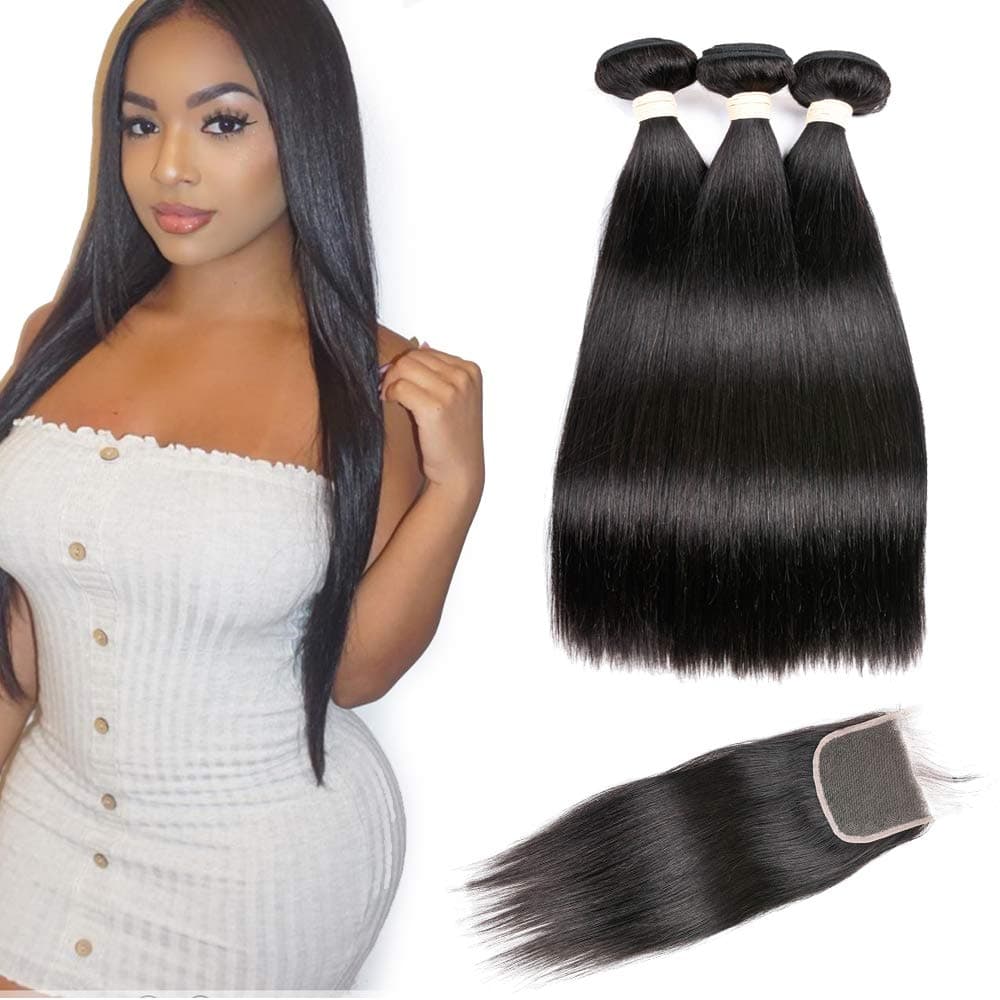 Beauhair Straight Hair 3 Bundles with Lace Closure (20 22 24 +18 Free Part Closure) Brazilian Virgin Human Hair Weave 100% Unprocessed Human Natural Black Straight Remy Hair Extensions