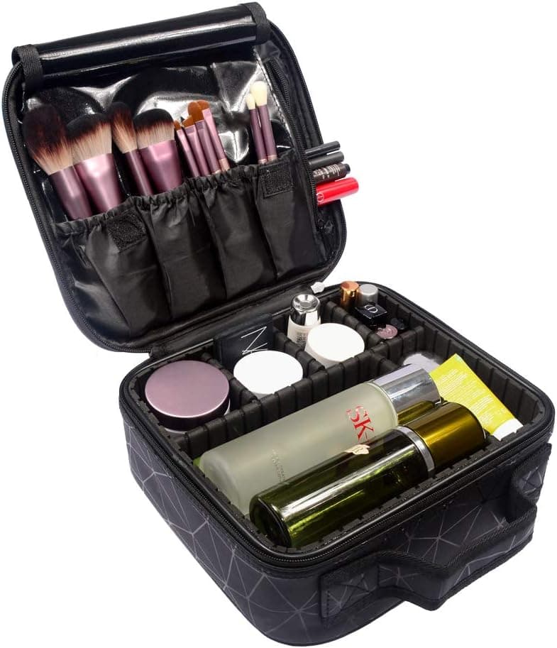 OXYTRA Makeup Bag Lattice Pattern Print PU Leather Travel Cosmetic Bag for Women Girls - Cute Large Makeup Case Cosmetic Case Organizer with Adjustable Dividers for Cosmetics Make Up Tools (Black)