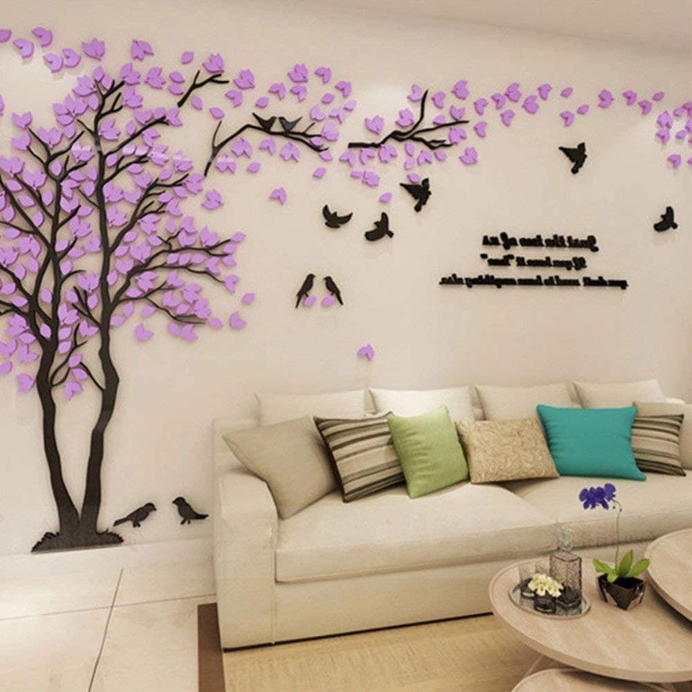 3D Tree Wall Stickers - DIY Tree and Birds Wall Decals Family Couple Tree Stickers Murals Wall Decor for Living Room Bedroom TV Background Home Decorations(Purple Left,M-98X51in)