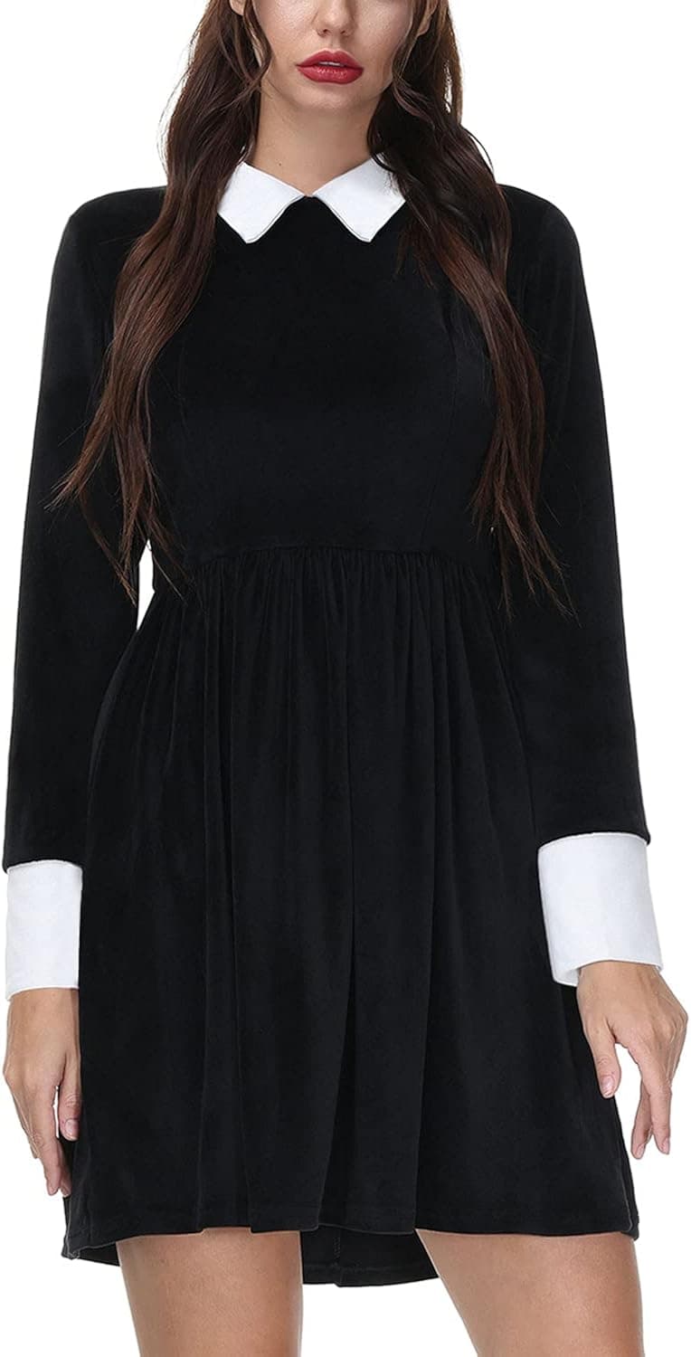 Halloween Mini Black Velvet Dress Women A-Line Long Sleeve Swing Flare Wednesday Addams Costumes 2XL