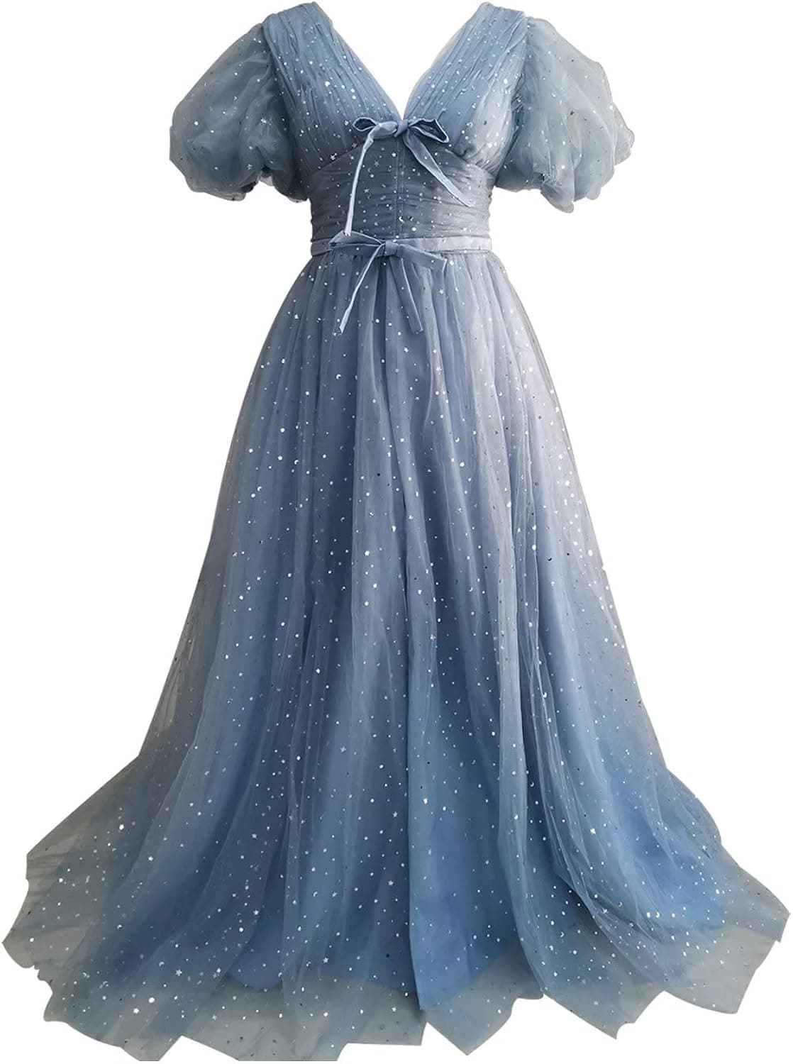 Xijun Women's Sparkle Starry Tulle Puffy Sleeve Prom Dresses Formal Evening Gowns with Split