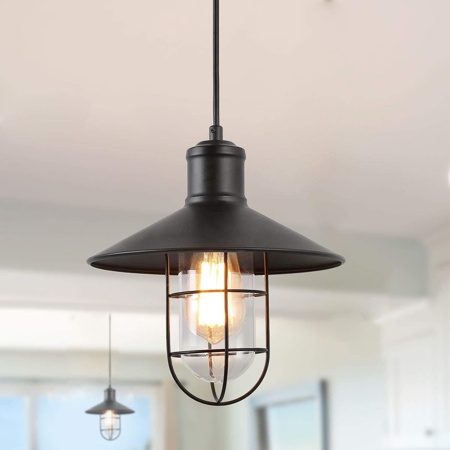 LNC Industrial Cage Pendant Lighting, Black Small Hanging Fixture for Kitchen Island, Bedroom, Dining Room, Entryway and Foyer