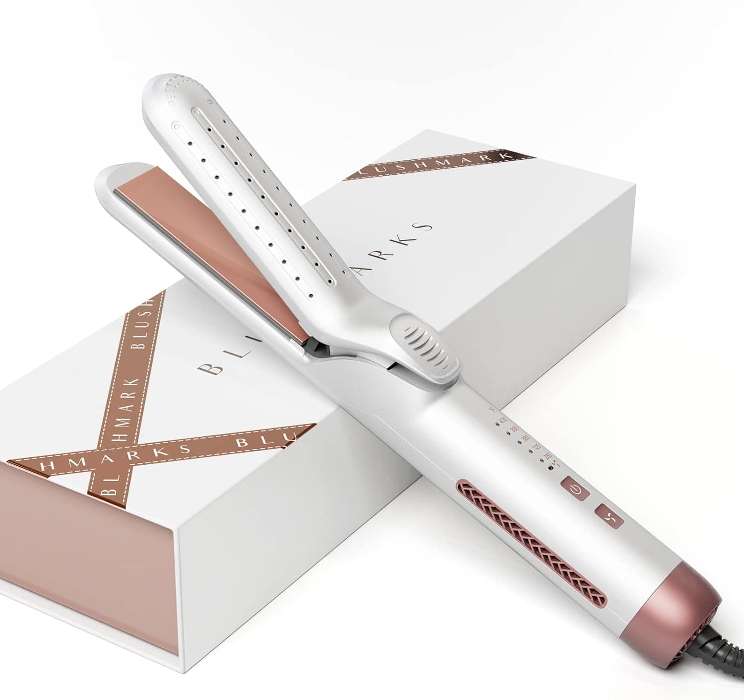 BLUSHMARKS Curling Iron 360° Airflow Styler, Hair Straightener and Curler 2 in 1 for All Styles, Flat Iron with 80 Air Vents, 15S PTC Fast Heat-Up, 3D Floating Plate, Dual Voltage & Adjustable Temp