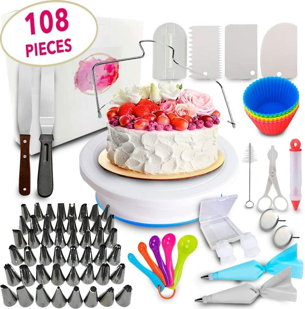 Cake Decorating Supplies kit- 108 Baking Supplies with 48 numbered Icing Tips & pattern Chart, Non-Slip Cake Rotating Turntable, Frosting & Piping Bags, Icing Spatulas & Smoother, Pastry Tools