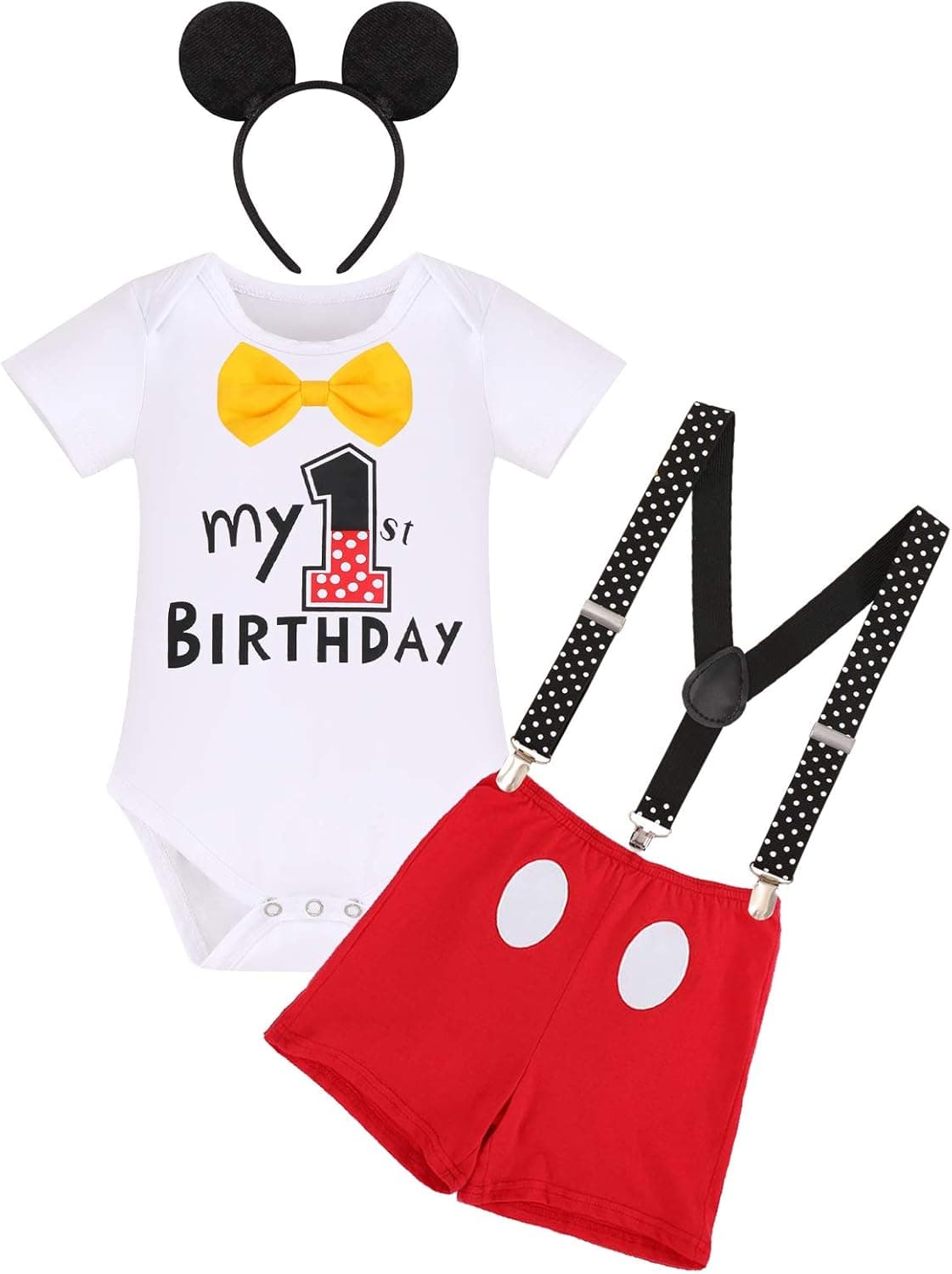 IMEKIS Baby Boys Mouse Costume Cosplay Bowtie Romper Suspenders Shorts Pants 1st Birthday Halloween Cake Smash Tuxedo Outfit