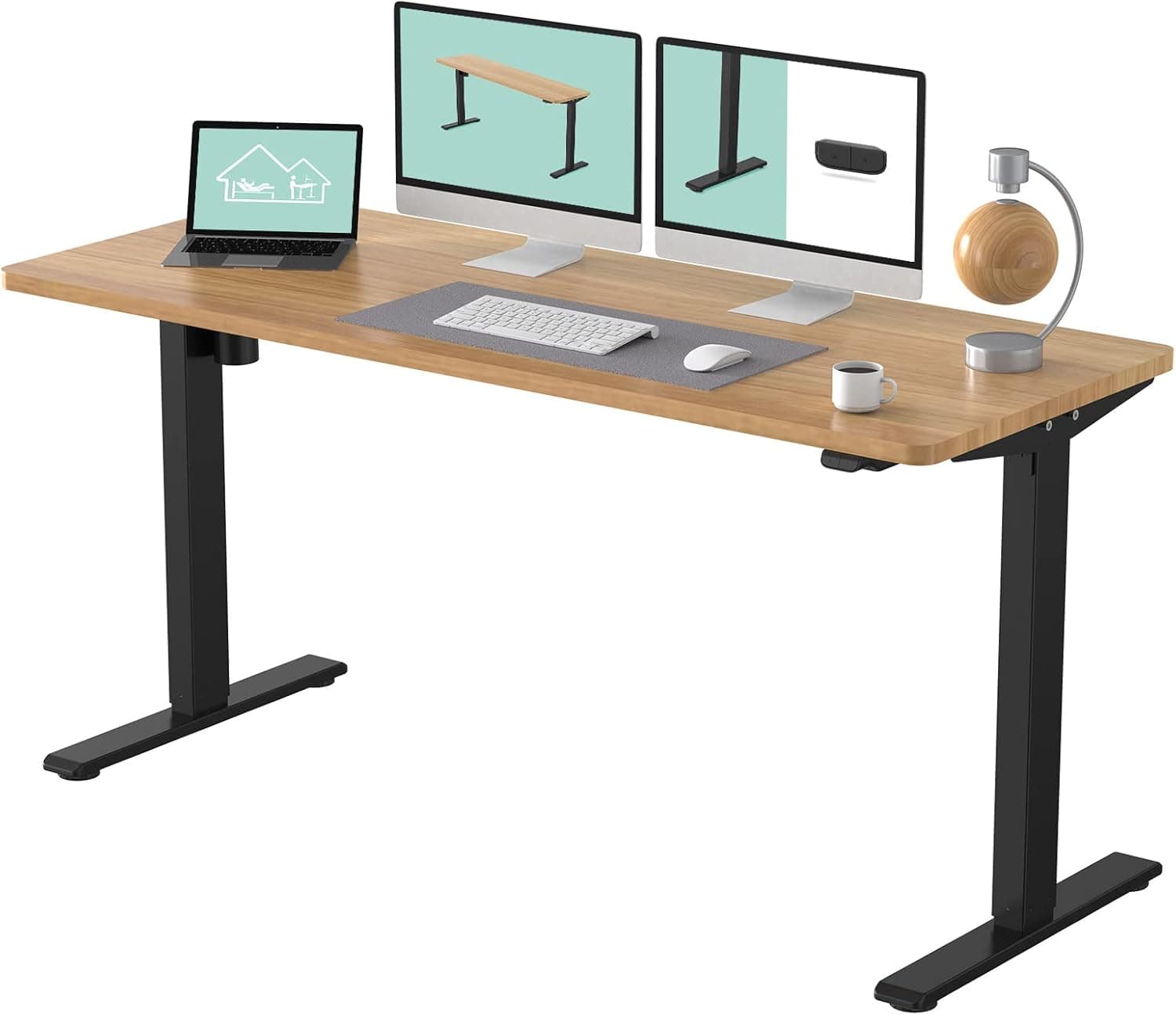 FLEXISPOT Height Adjustable Desk, Electric Sit Stand Desk Home Office Table Standing Desk (60x24 Black+Maple 2 Packages)