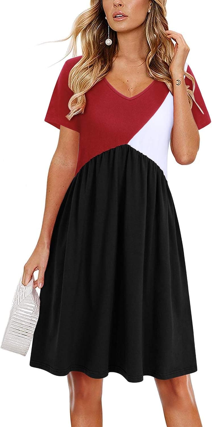 II ININ Womens Summer Casual Short Sleeve Color Block Dress Patchwork Party Tea Sundress with Pockets (213-Red,XL)