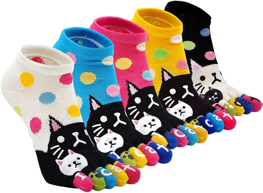 Hellomamma Women's Toe Sock Cute Cat Dog Ankle Sock Cotton Athletic Running Five Finger Socks for Girls (5 Pairs)