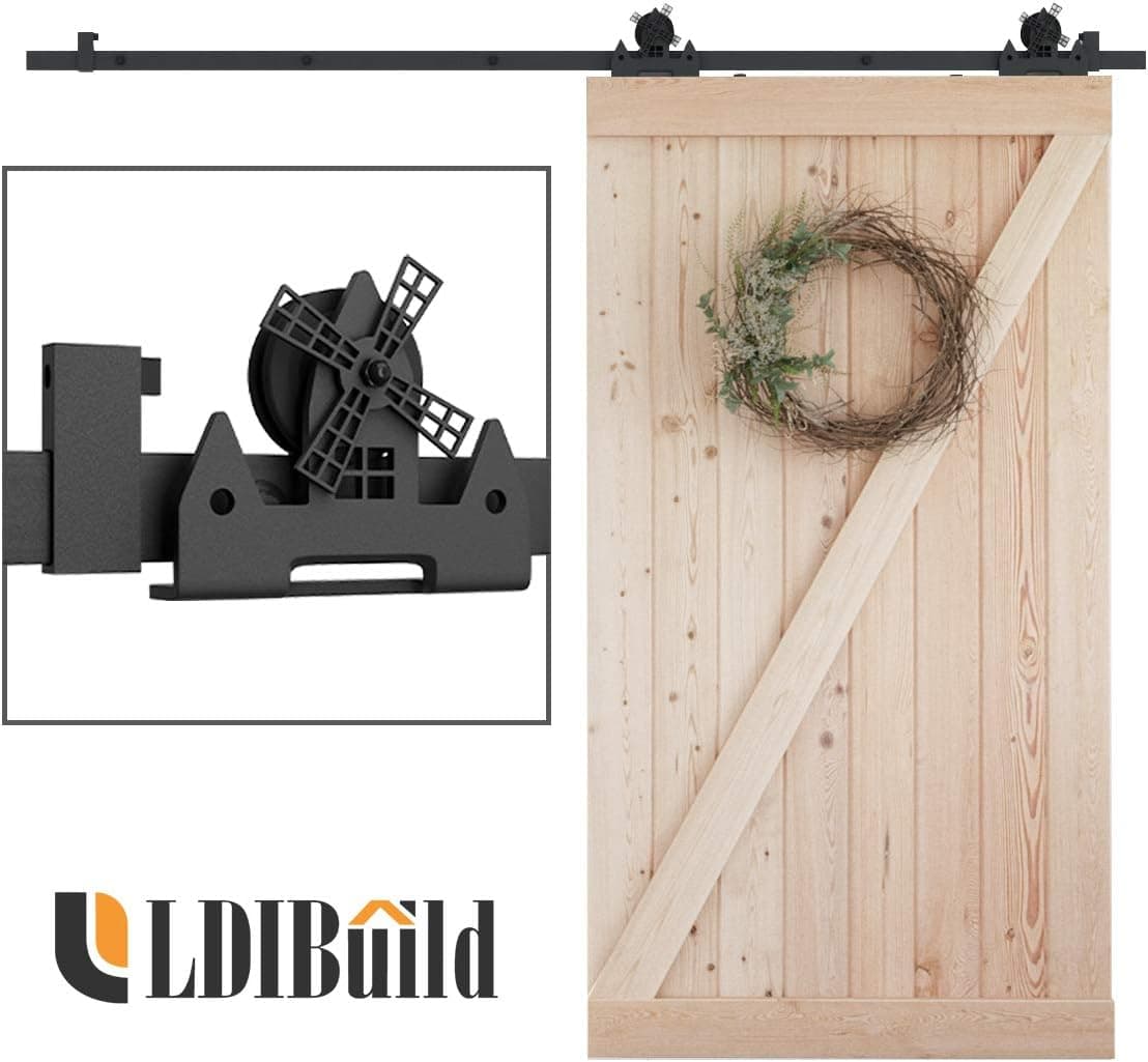 LD BUILD 8 Ft Sliding Barn Door Hardware Kit, Unique Design Hanger, Easy to Install, Suitable for Kitchen, Living Room, Bathroom, Fit 42"-48" Wide Door Panel (Vintage Windmill Style)