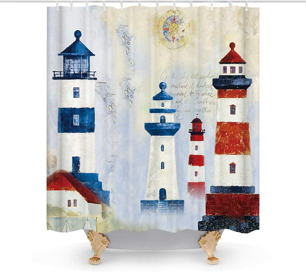 Final Friday Beach Nautical Lighthouse Theme Fabric Shower Curtain Sets Bathroom Decor with Hooks Waterproof Washable Blue Red and White 72Wx72H Inches