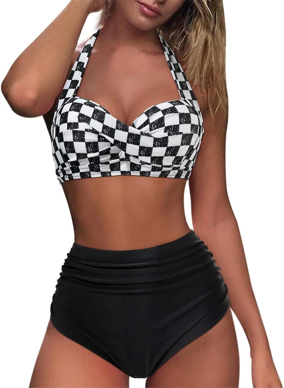 RXRXCOCO Women Vintage Underwire High Waisted Bikini Two Pieces Halter Ruched Swimsuit Black Houndstooth Medium