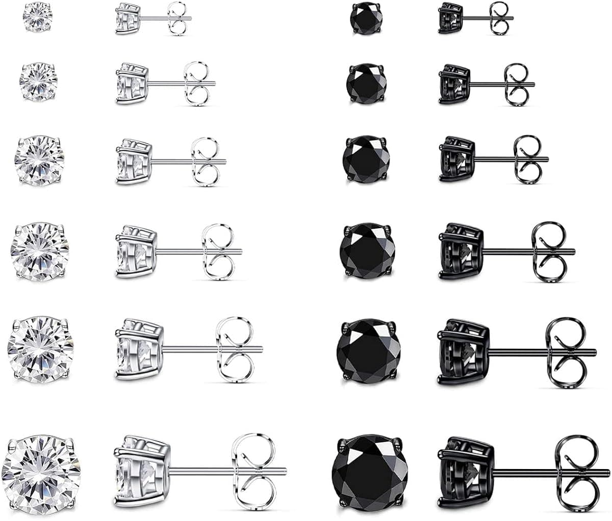 Ronglry 12PCS Stainless Steel Stud Earrings for Women Men Black Silver Stud Earrings Set Hypoallergenic Cubic Zirconia Earrings Small Round Stud Earrings Cartlidge Earrings Piercing Jewelry Gifts