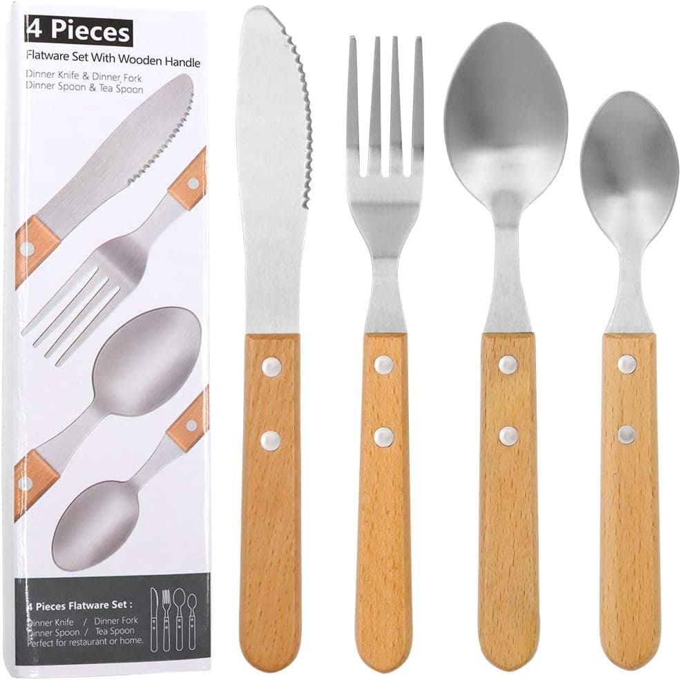 WYBG 4 Pcs Silverware Set, Cutlery Set, Stainless Steel Flatware Set with wooden handle, Fork, Knife and Spoon, Kitchen Tool