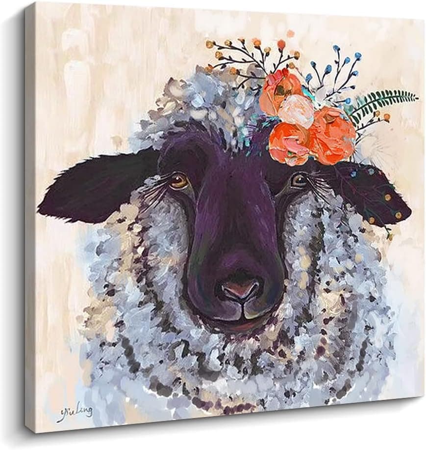 Kas Home Sheep Decor Watercolor Canvas Wall Art Farmhouse Animal Sign Picture Paintings Prints Artwork Decorations for Bedroom Living Room Poster Ready to Hang (Brown - sheep, 12 x 12 inch)