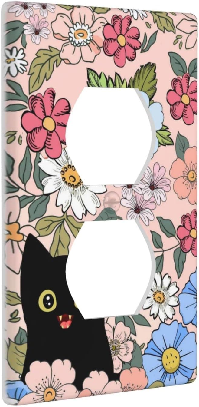 Black Cat in Spring Flower Duplex Outlet Covers Light Switch Plate Girls Floral Decorative Wall Plate for Farmhouse Home Bathroom Kitchen Decor 2.76 x 4.5 Inch