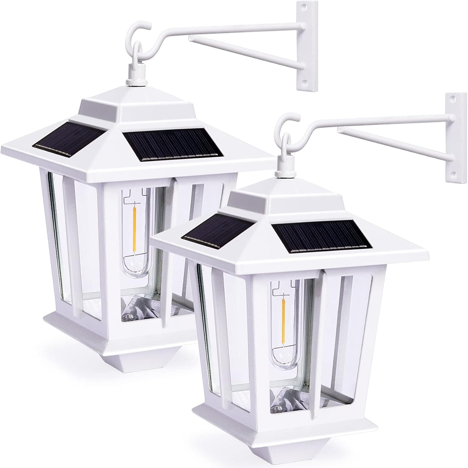 PASAMIC 2 Pack 4 Solar Panels Dusk to Dawn Led Outdoor Wall Sconce, Anti-Rust Waterproof Wall Lanterns, 3000K Warm White, White Powder Coat + UV Protection, for Wall, Garage, Front Porch and More