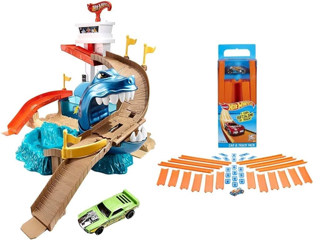 Hot Wheels Toy Car Track Set, Color Shifters Sharkport Showdown with 1 Color Shifters 1:64 Scale Car and Track Builder Straight Track Set, 37 Component Parts & 1:64 Scale Toy Car