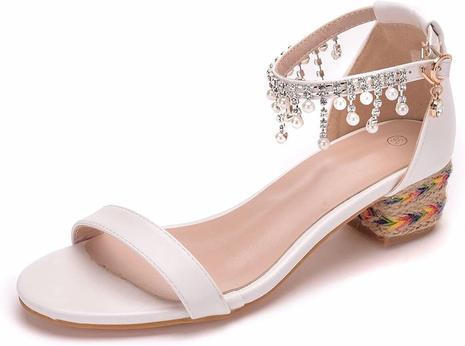 KJCQGQTZ Women Wedding Low Heel Shoes, Bride White Ankle Belt Crystal Pearl Pumps, Bridesmaid Woven Chunky Heels Court Shoes for Wedding Ceremony, Party, Ballroom and Other Scenes