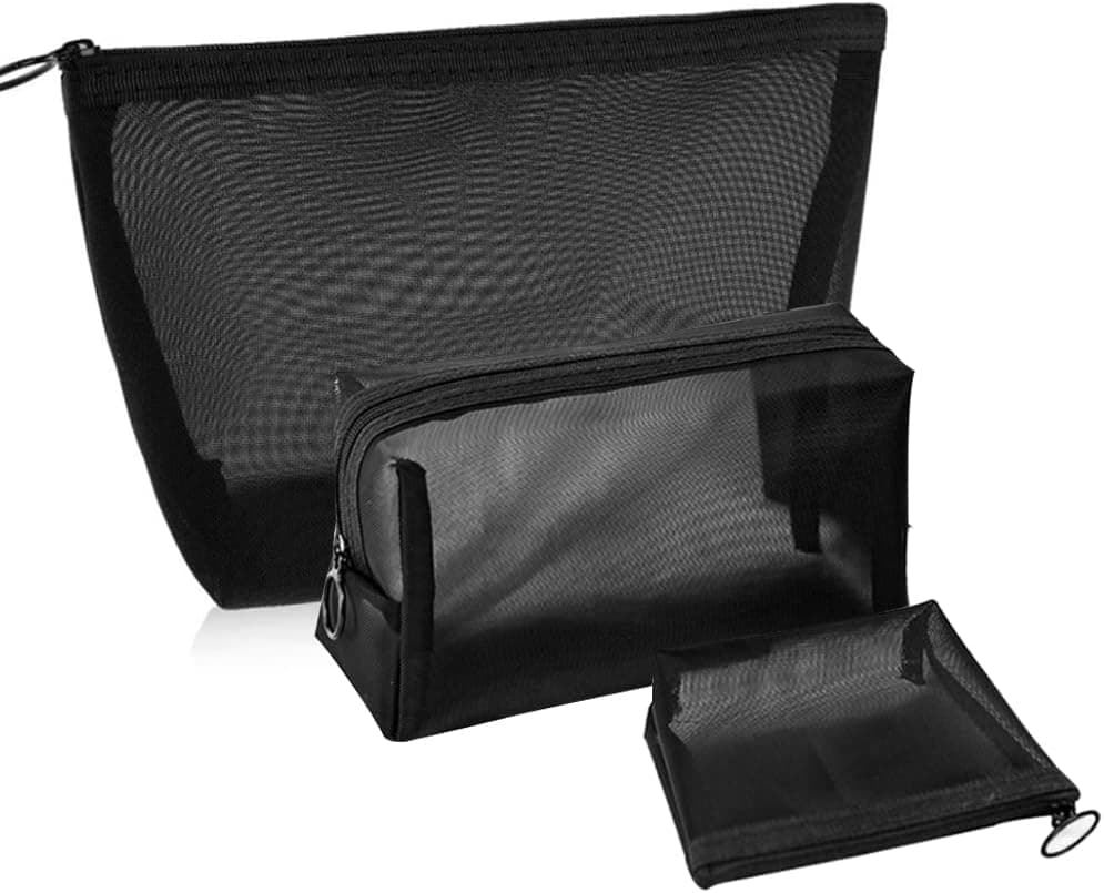 iDeep Mesh Toiletry Bag, 3 Pack Black Nylon Mesh Zipper Pouches Travel Cosmetic Organizer Case for Daily Toiletries Accessories Purse Bag