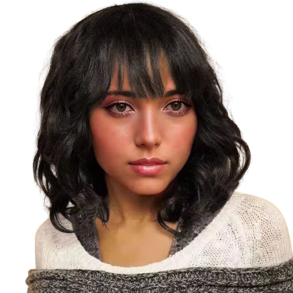 PANEWAY Short Human Hair Wigs with Bangs Brazilian Body Wave Virgin Human Hair Wigs for Black White Women Short Wavy Bob Wigs with Bangs 12 Inch