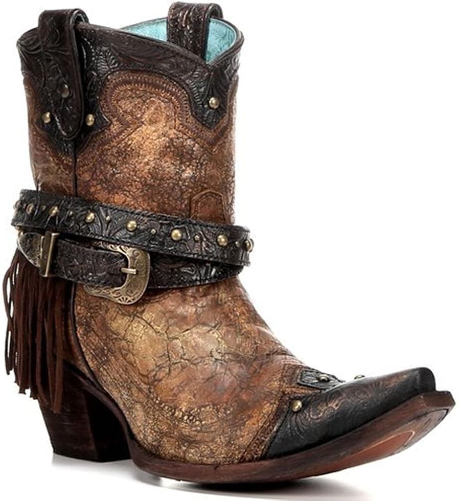 CORRAL Women's C2880 Fringe and Studs Ankle Bronze Western Boots 10 M