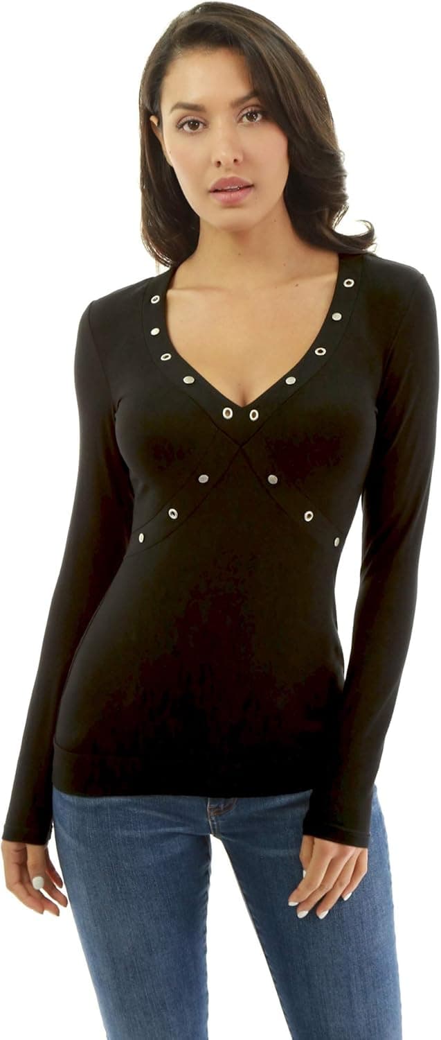 PattyBoutik Women V Neck Eyelet Rivet Long Sleeve Blouse (Black X-Large)