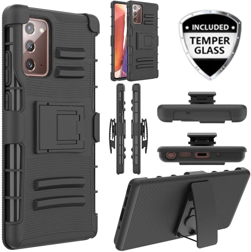 JACKPOT WIRELESS for Samsung Galaxy Note 20 Case, Drop Protection Full Body Rugged Holster Belt Clip Heavy Duty Case with Temper Glass Screen Protector, Shockproof Protection Durable Cover (Black)