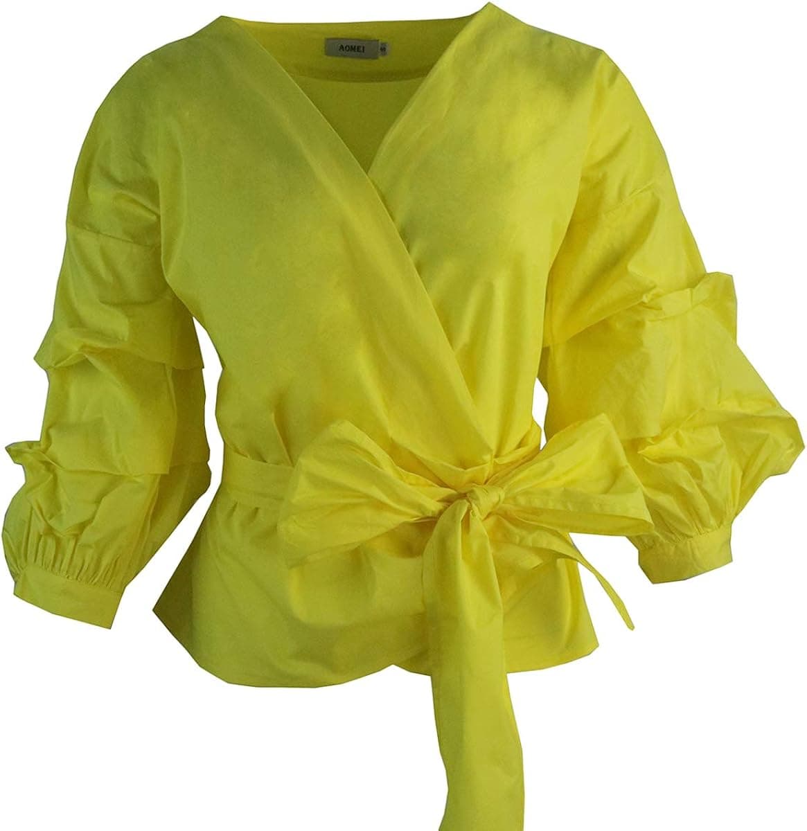 AOMEI Women Spring Summer Blouses with Puff Sleeve Sashes Shirts Tops