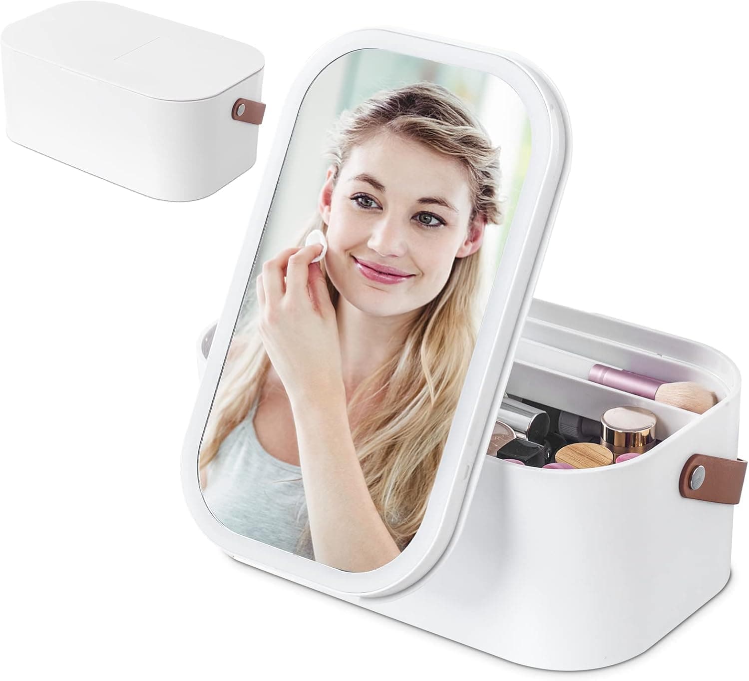 Portable Make Organizer Box with Mirror, Travel Makeup and Cosmetic Storage Box with Handle, Cute Cosmetic Box Bag, Makeup Carrying Case Caddy for Vanity Dresser Countertop, Gift for Women Girls