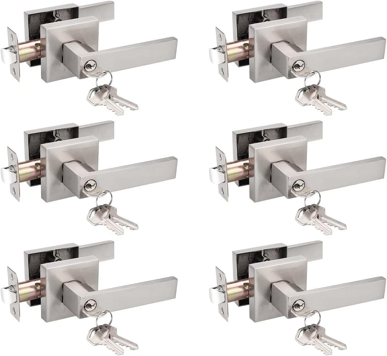 Probrico 6 Pack Interior Bedroom Entrance Door Lever Doorknobs Door Lock One Keyway Entry Keyed Entrance Lockset in Satin Nickel Each with 3 Keys