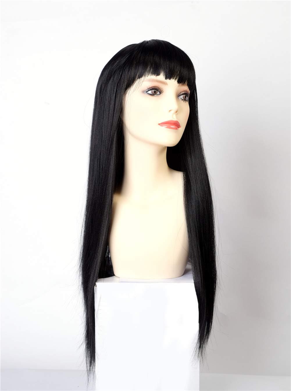 FEIPING 27 Inches Women's Long Straight Yaki Wig Heat Resistant Premium Black Synthetic Wig With Bangs Hair Wig for Women