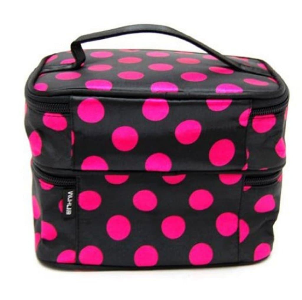 Nicerocker Hot Chic Lady's Wave Dot Case Makeup Double Cosmetic Hand Bag Tool Storage Toiletry (Black hot pink)