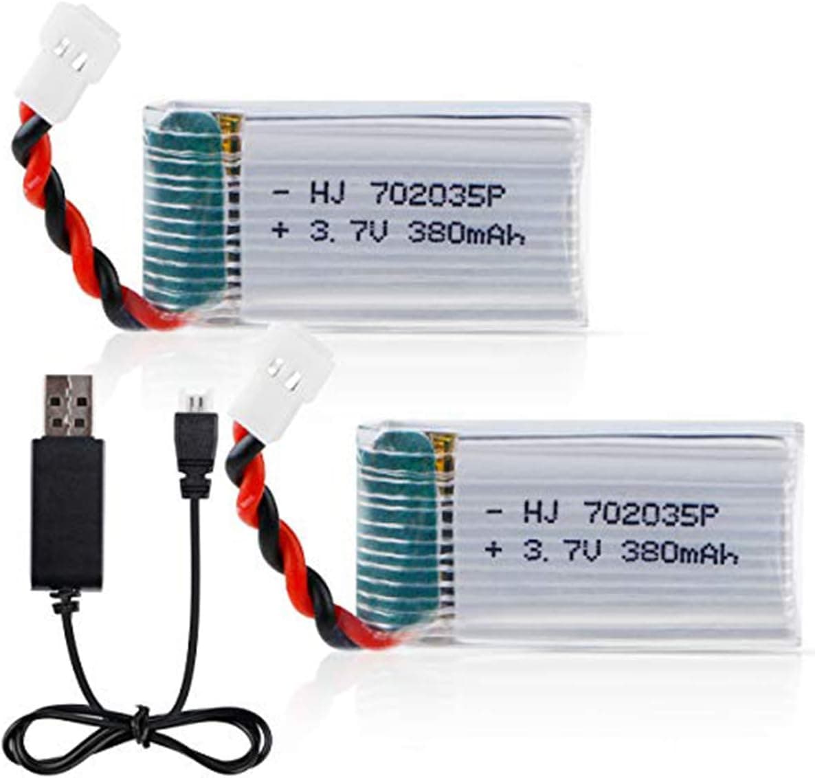 FPVERA 2pcs 3.7V 380mAh 20C Lipo Battery XH2.54 Connector with USB Charger for Hubsan H107 DFD F180 RC Quadcopter Drone