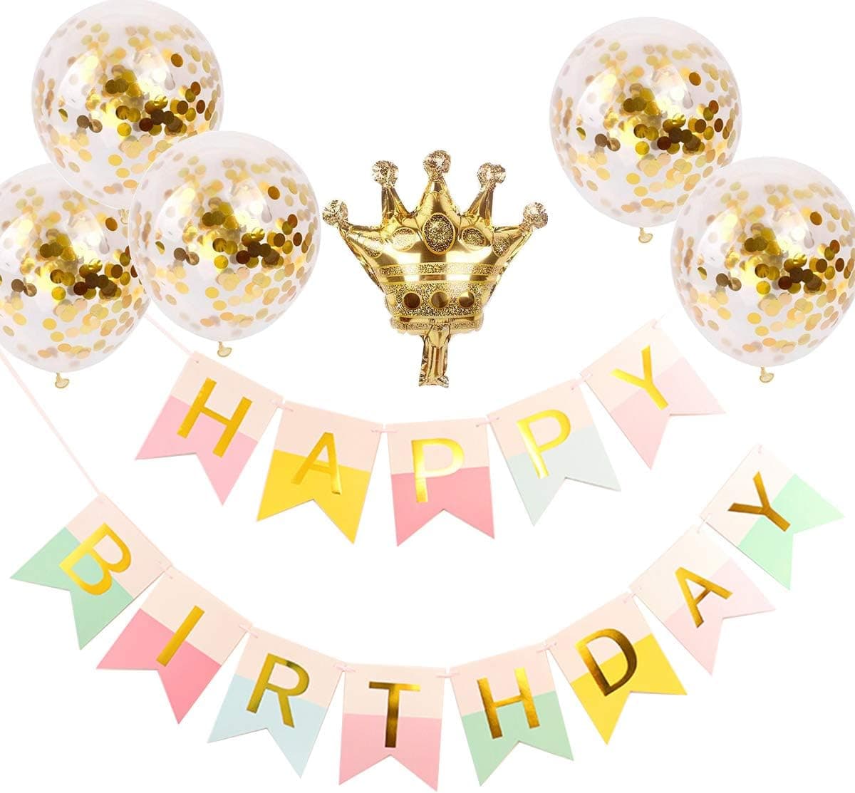 Happy Birthday Decorations Colorful Banner,Party Supplies with 5 Pcs Pink Confetti Balloons DIY Paper Garland for Kids Girl Boy Women