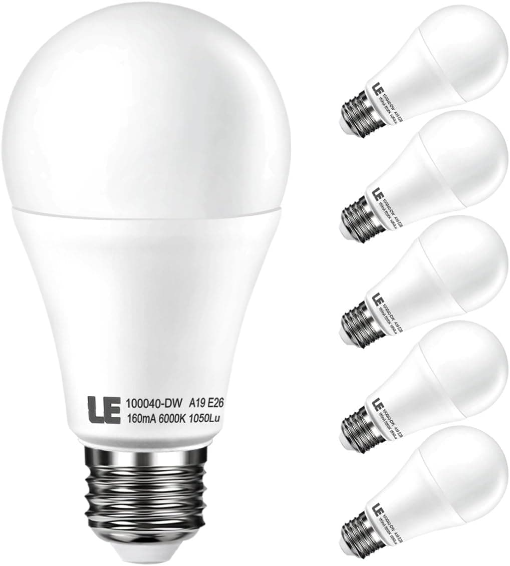 LE® 12W A19 E26 LED Bulbs, 75W Incandescent Bulbs Equivalent, 1050lm, Daylight White, 6000K, Medium Screw, 180° Beam Angle, LED Light Bulbs, Pack of 5 Units