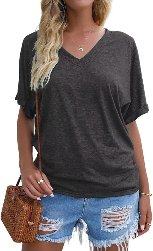 Lacozy Women's V-Neck Tops Short Sleeve Casual Shirts Loose Batwing Tunic Blouse