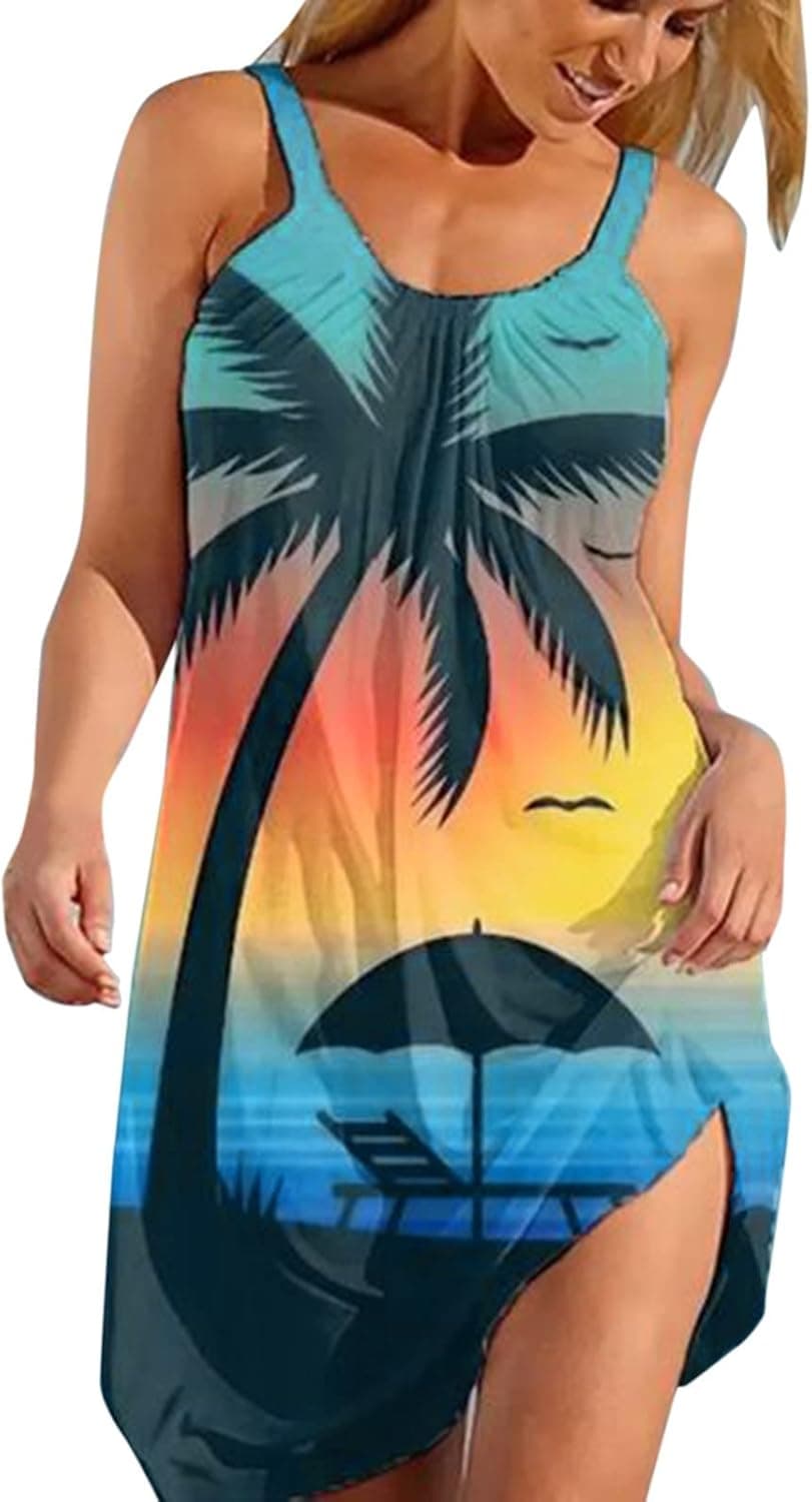 bmkBWO Beach Dresses for Women 2022,Tropical Print Sleeveless Summer Mini Dress Vacation Casual Shift Dress Hawaiian Sundress