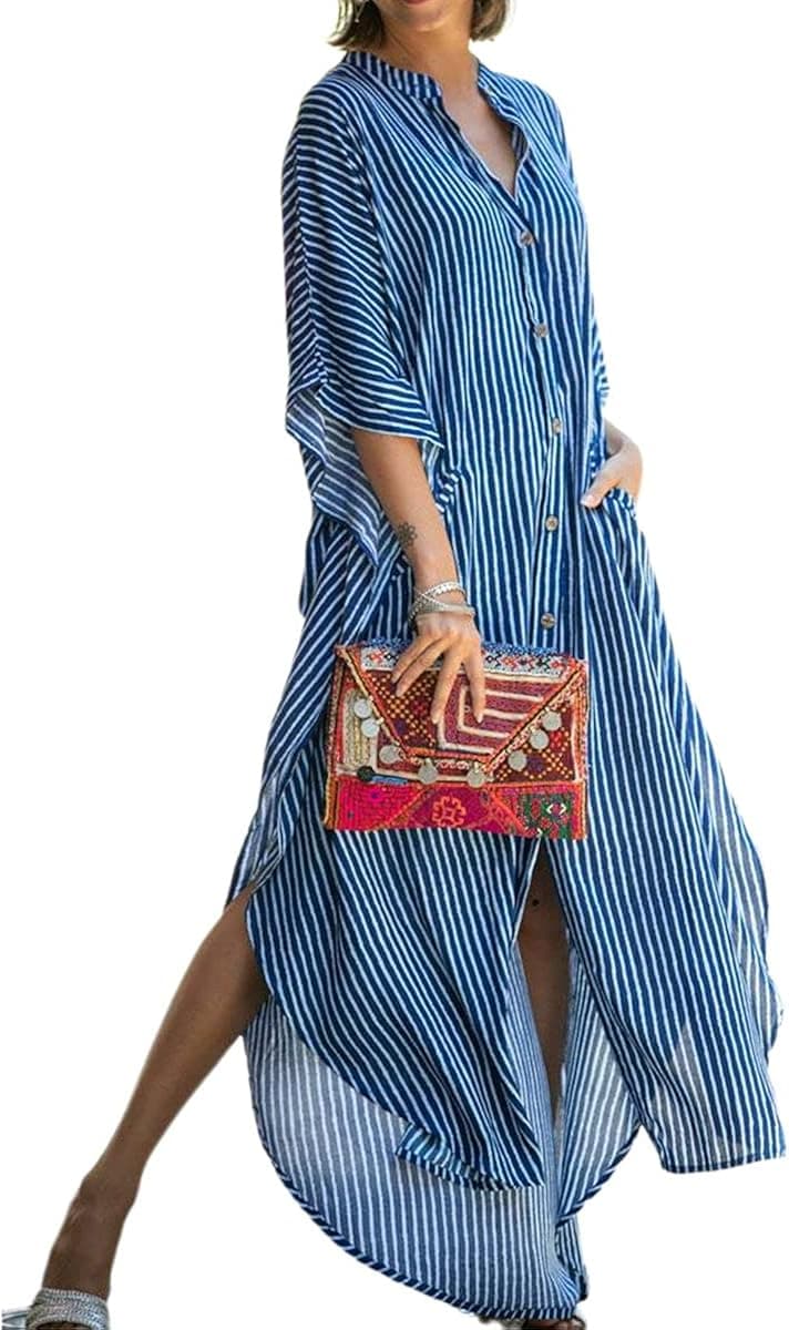 FINCATI Kaftan Dresses for Women Plus Size Long Robe Floral Print Moroccan Button Up Maxi Dress Loose Pocket Beachwear Bikini Kimono Sleeve Cover Up (C-Blue Striped)