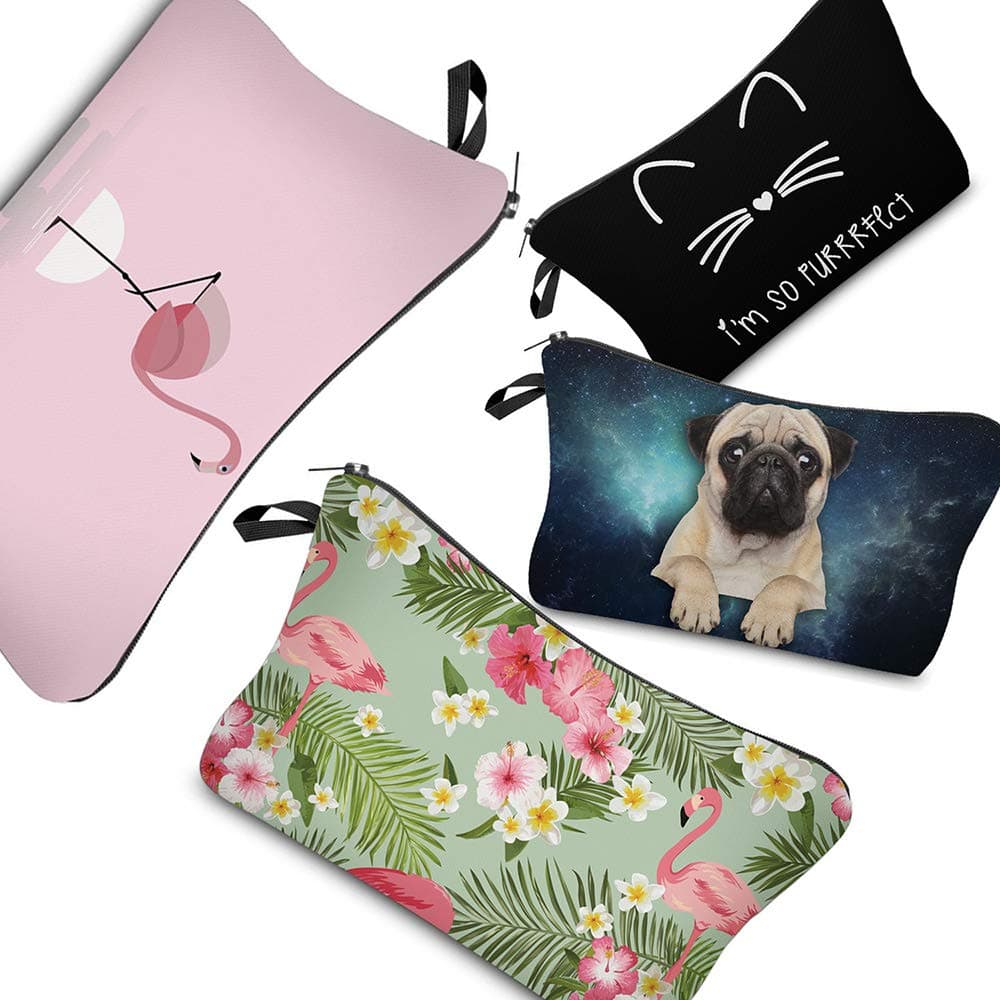 PINK PLOT Makeup Bag for Women - 4 Pieces Cosmetic Bag and Toiletry Bag Used in Travel or As a Valentine's Day gift(dog+cat+flamingo)