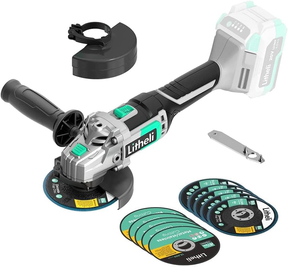 Litheli 20V Cordless Angle Grinder, 4-1/2 Inch Cordless Grinder, 4-Pole Motor, 3-Position Adjustable Handle, Ergonomic Button Position for Reducing Hand Pressure (Battery & Charger Not Included)