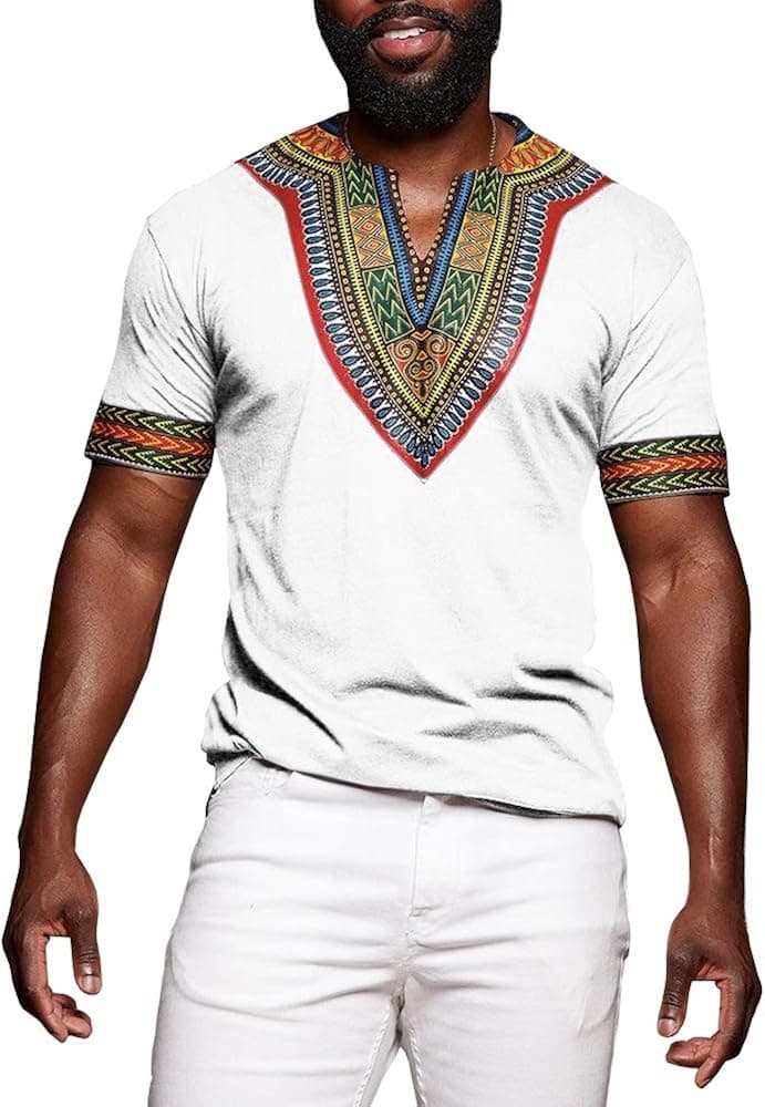 Mens Dashiki African Shirt Casual Short Sleeve T Shirt Tribal Print Tee V Neck Floral Blouse Top