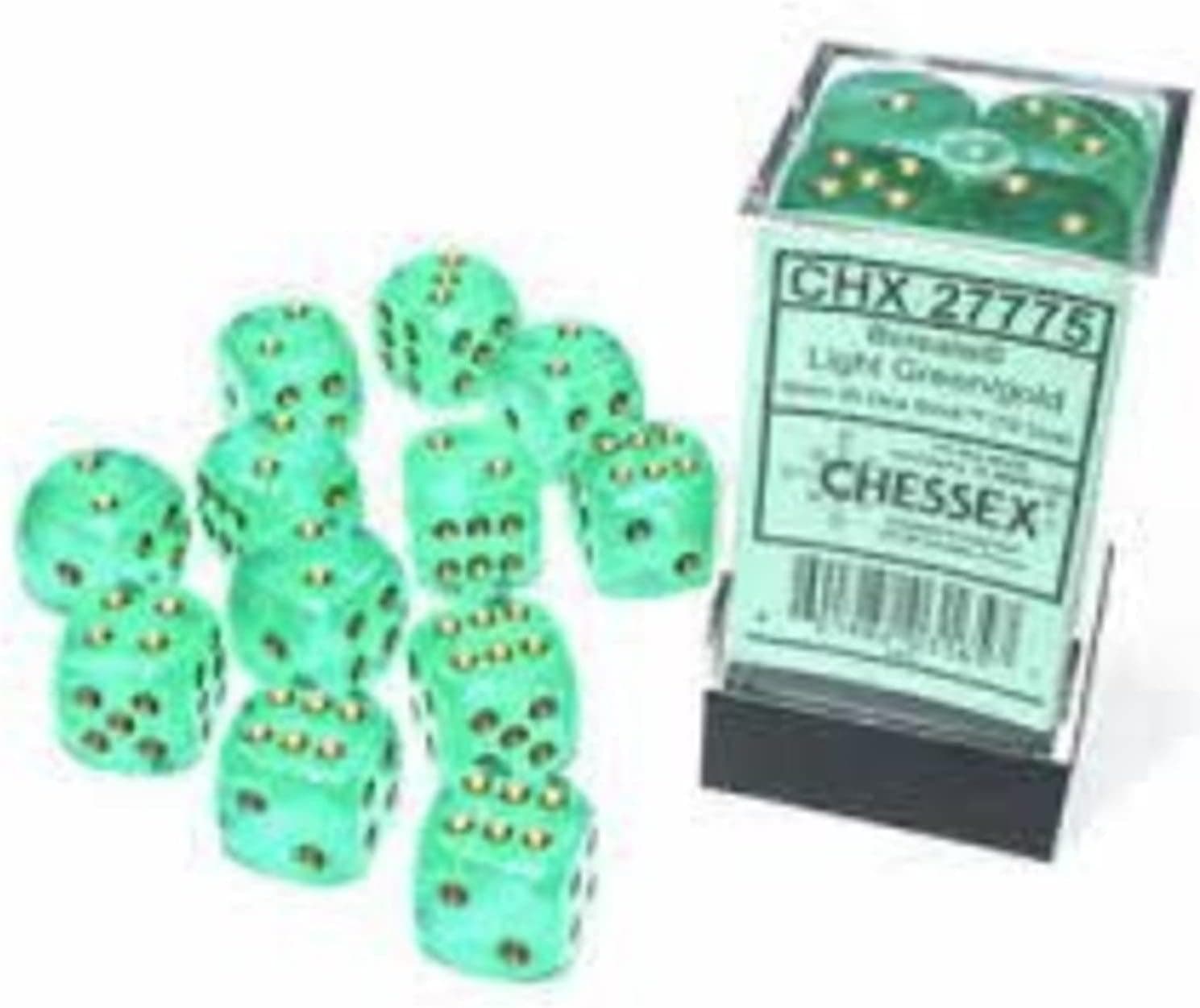Chessex Borealis 16mm d6 Light Green/Gold Luminary Dice Block (12 dice) (27775)