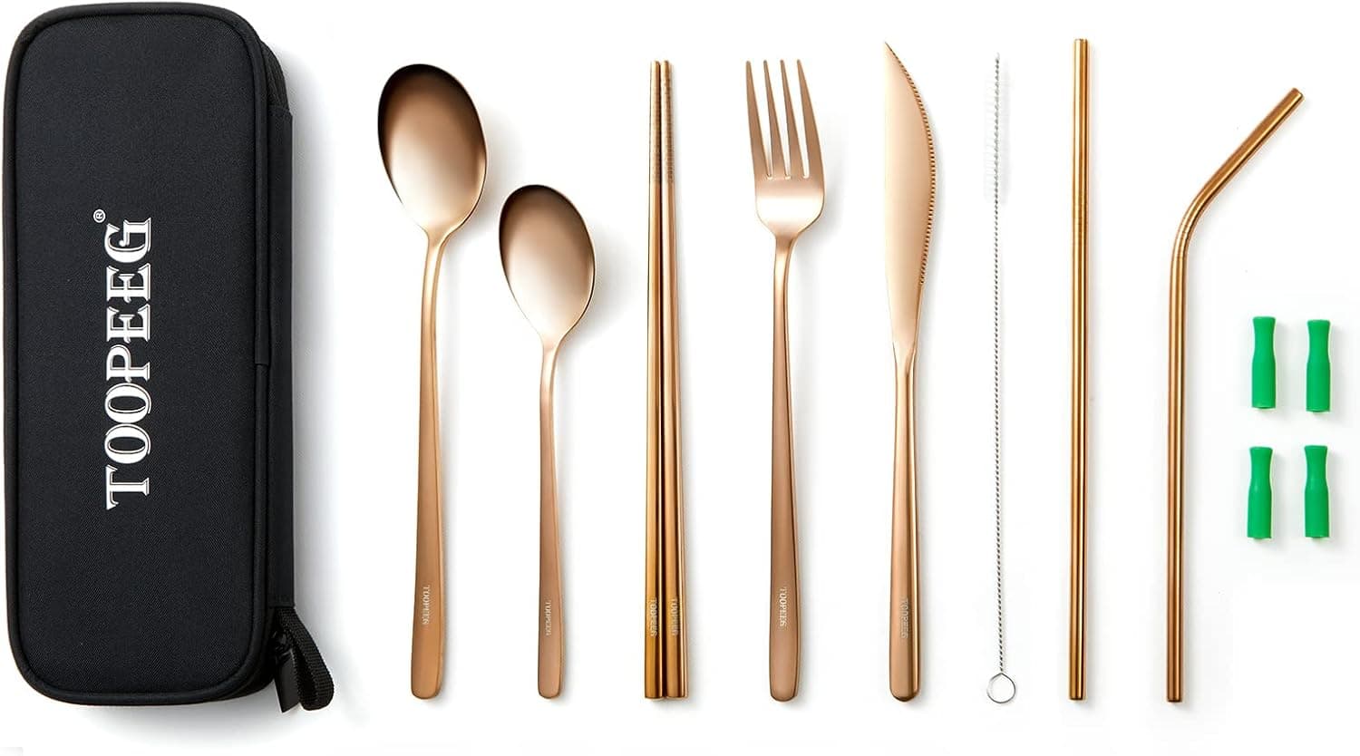 TOOPEEG Portable Utensil Dinnerware Set, Travel Camping Cutlery Set, Stainless Steel Reusable Flatware Set, 9 Pieces Including Chopsticks Knife Fork Spoon Straws Waterproof Carrying Case，Rose Gold