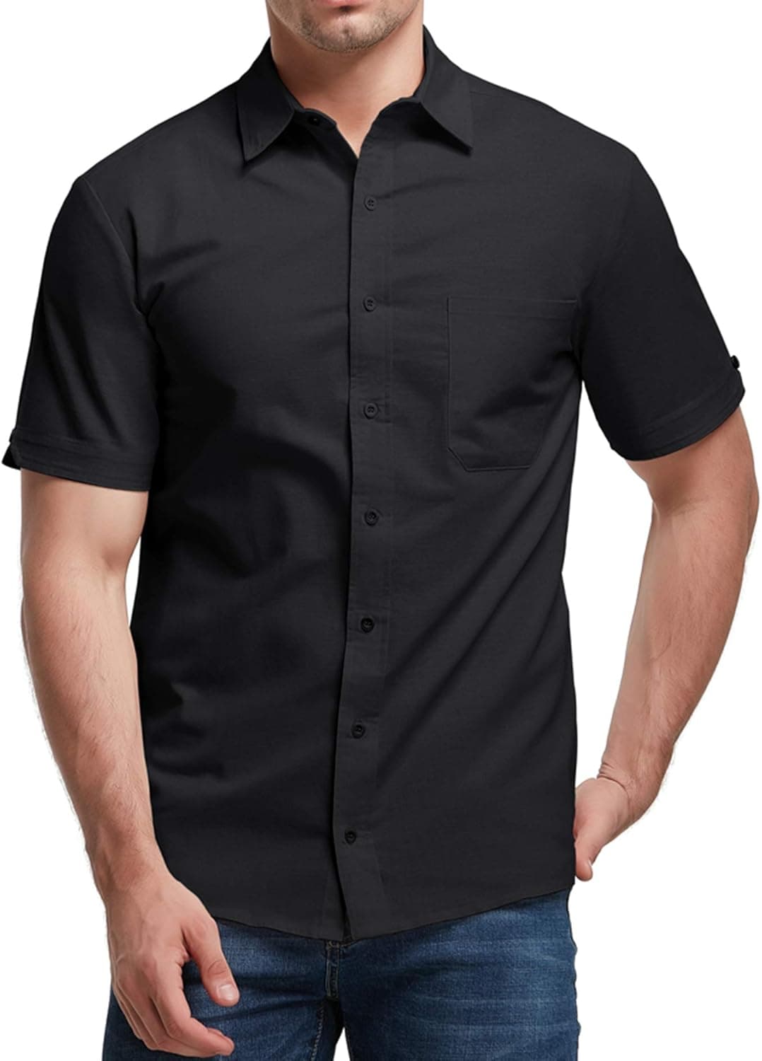 Aimeilgot Mens Long/Short Sleeve Shirts Linen Casual Button Down Tees Spread Collar Plain Shirts