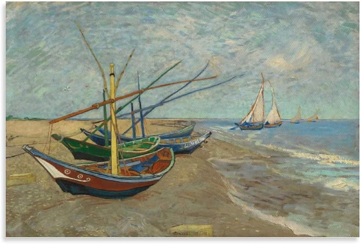 Fishing Boats on The Beach at Saintes-Maries by Vincent Van Gogh Poster Nordic Style Minimalist Art Canvas Print Wall Picture Kids Room Classroom Office Family Decoration (No Frame,8x12inch)